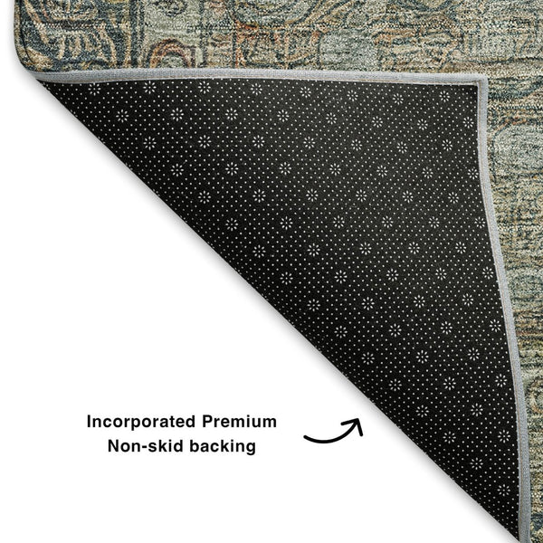 HomeRoots 8' Teal and Gray Oriental Round Rug - Stain Resistant, UV Protected, Soft and Stylish for Any Room 700574