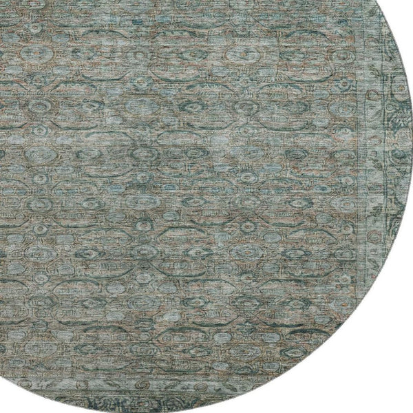 HomeRoots 8' Teal and Gray Oriental Round Rug - Stain Resistant, UV Protected, Soft and Stylish for Any Room 700574