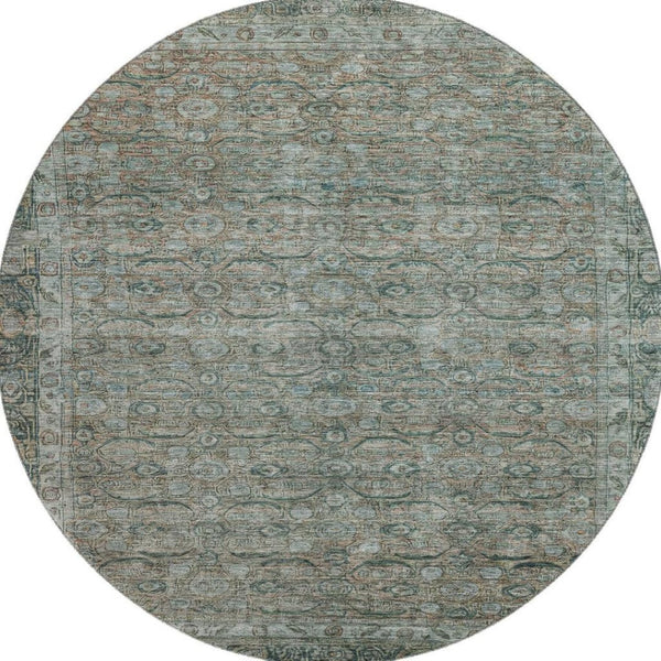 HomeRoots 8' Teal and Gray Oriental Round Rug - Stain Resistant, UV Protected, Soft and Stylish for Any Room 700574