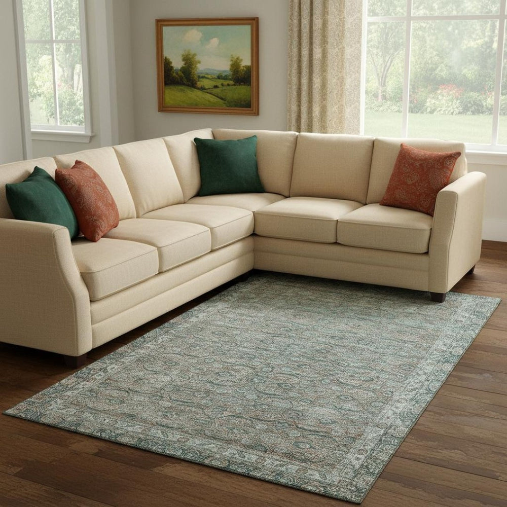 HomeRoots 8' X 10' Teal and Gray Oriental Area Rug – Stain Resistant, UV Protected, Easy-Care Elegance for Your Home 700575