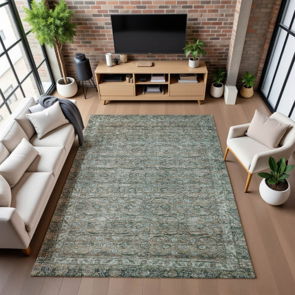HomeRoots 10' X 14' Teal and Gray Oriental Area Rug - Soft, Durable, Stain-Resistant with UV Protection for Homes 700577