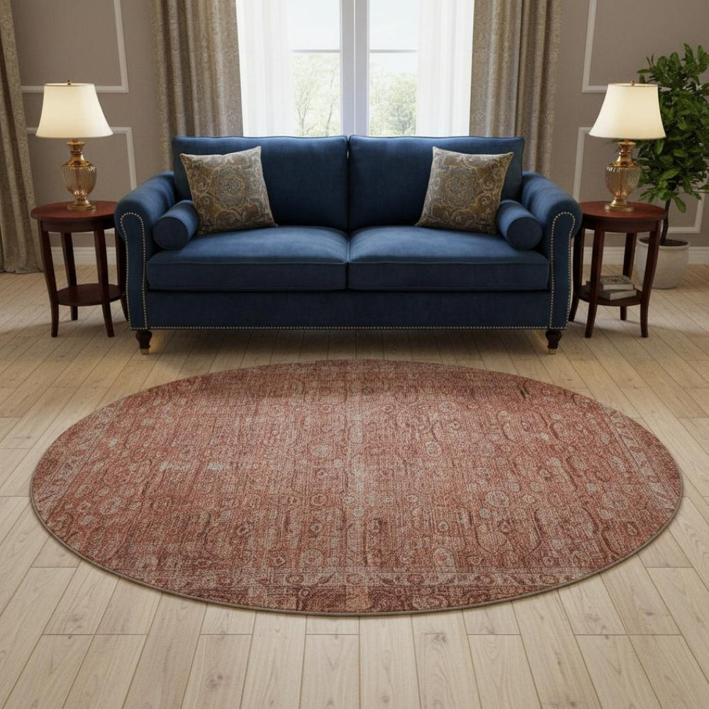 HomeRoots 8' Terra Cotta & Rust Oriental Round Rug - Washable, UV-Protected, Stain-Resistant for Busy Homes 700580