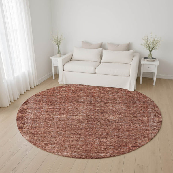HomeRoots 8' Terra Cotta & Rust Oriental Round Rug - Washable, UV-Protected, Stain-Resistant for Busy Homes 700580