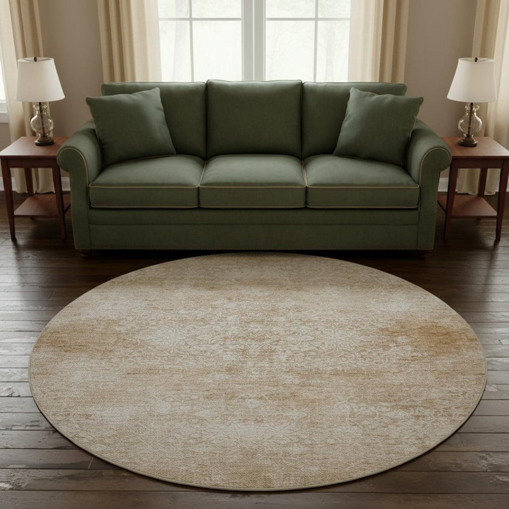 HomeRoots 8' Coral and Ivory Oriental Round Rug - Washable, Stain Resistant, UV Protected for Everyday Use 700592