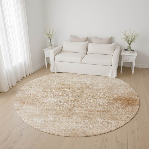 HomeRoots 8' Coral and Ivory Oriental Round Rug - Washable, Stain Resistant, UV Protected for Everyday Use 700592
