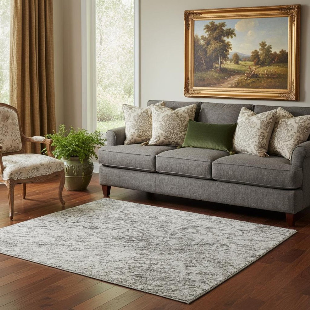 HomeRoots 5' Gray and Ivory Oriental Washable Area Rug with UV Protection - Durable, Stain-Resistant Design! 700597