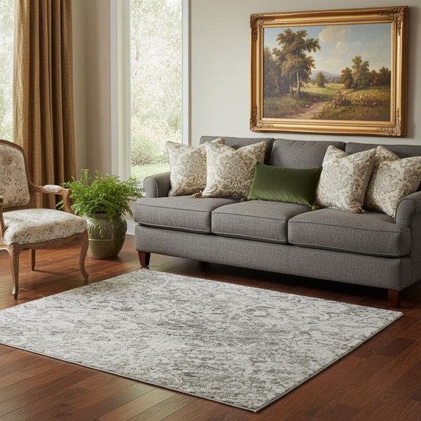 HomeRoots 5' Gray and Ivory Oriental Washable Area Rug with UV Protection - Durable, Stain-Resistant Design! 700597