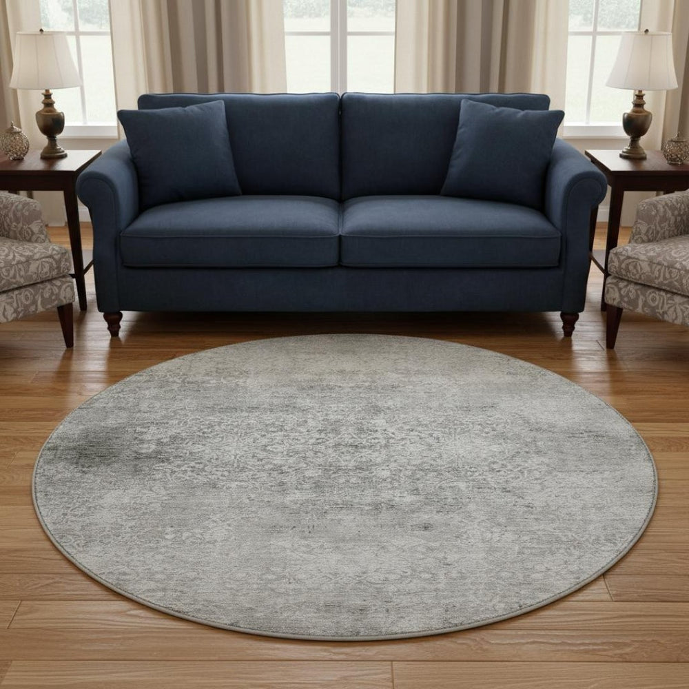 HomeRoots 8' Gray and Ivory Oriental Round Rug - Washable, UV Protected, Stain Resistant for Family Spaces 700598