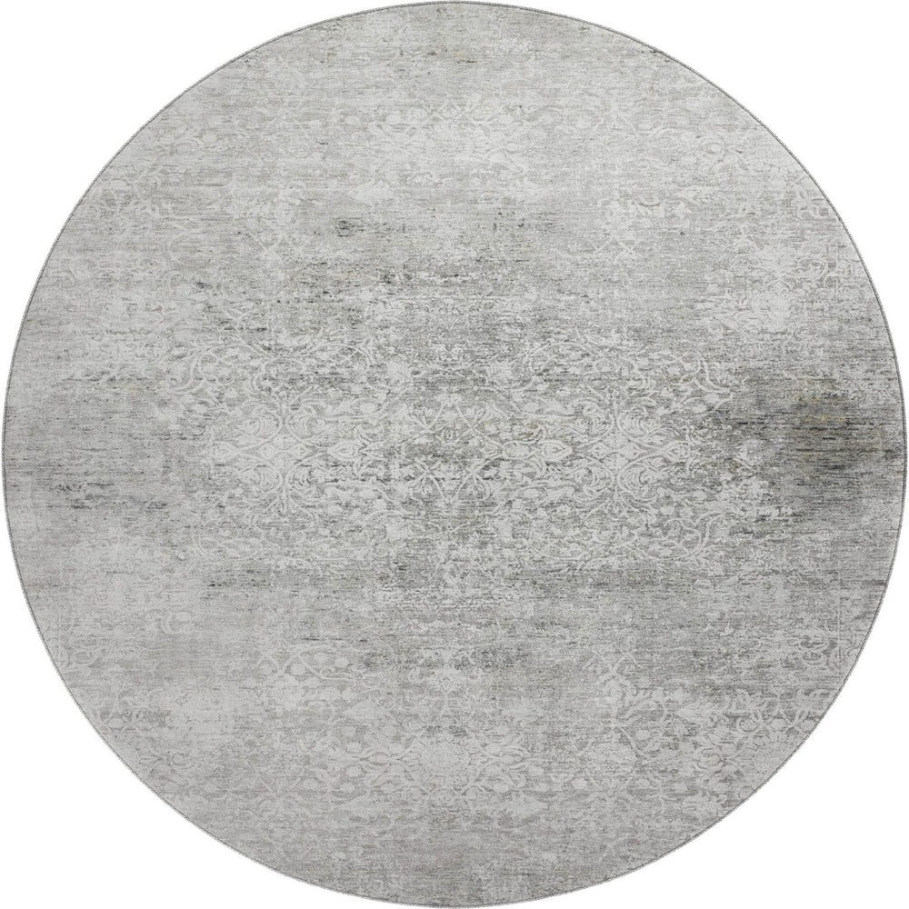 HomeRoots 8' Gray and Ivory Oriental Round Rug - Washable, UV Protected, Stain Resistant for Family Spaces 700598