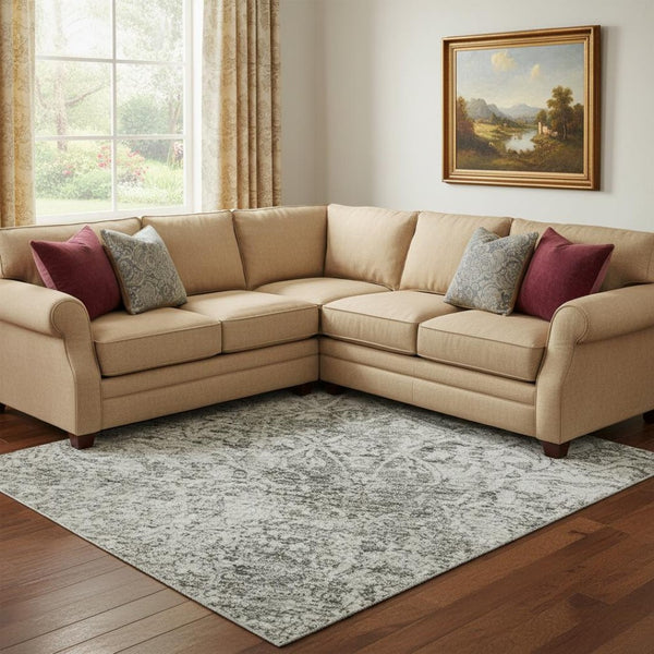 HomeRoots 8' X 10' Gray And Ivory Oriental Washable Area Rug with UV Protection, Stain Resistance & Non-Slip Backing 700599