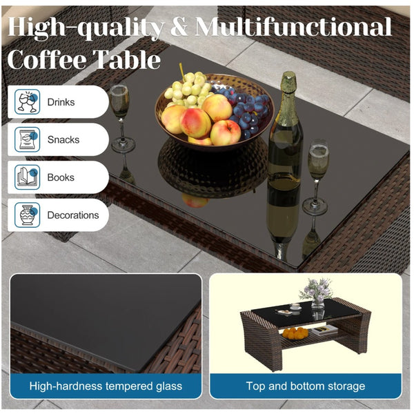 English Elm 4-piece Outdoor Wicker Conversation Set with Tempered Glass Table and Resort Style Brown B082S00060