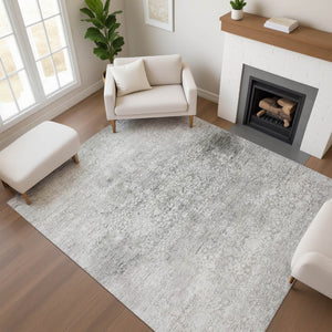 HomeRoots 10' Gray and Ivory Oriental Area Rug - Washable, UV-Protected, Durable for Families & Pets 700601