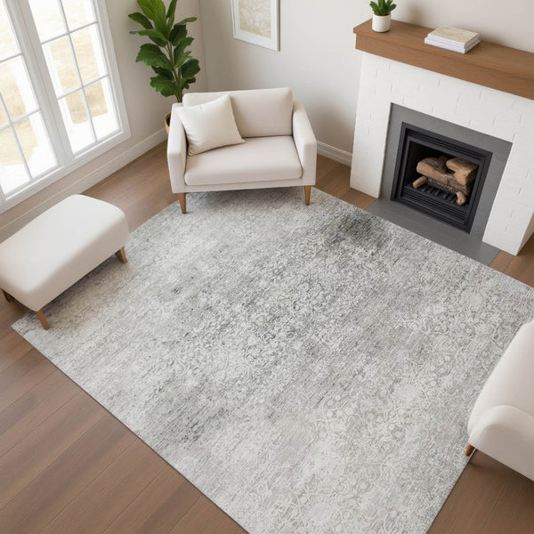 HomeRoots 10' Gray and Ivory Oriental Area Rug - Washable, UV-Protected, Durable for Families & Pets 700601
