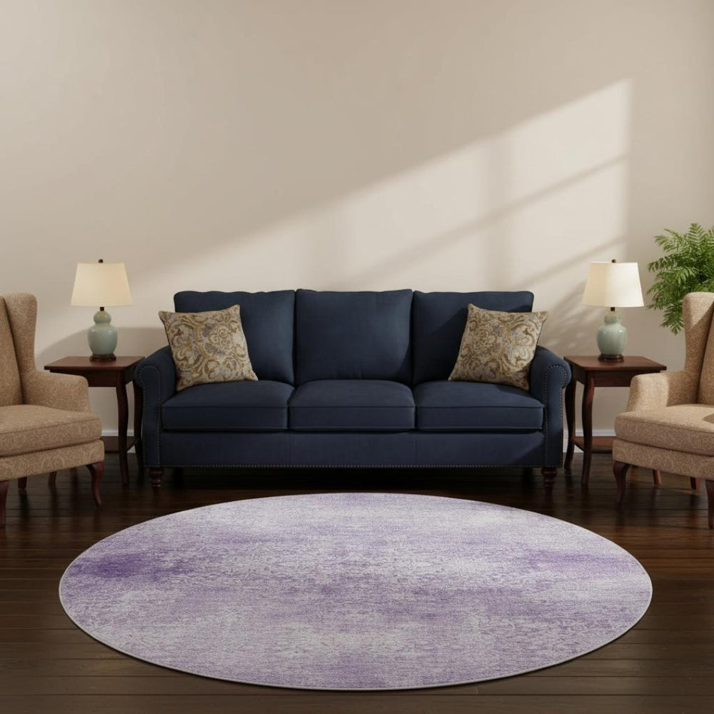 HomeRoots 8' Lilac and Ivory Oriental Round Rug - Washable, UV-Protected, Stain-Resistant for Family Rooms & Nurseries 700604