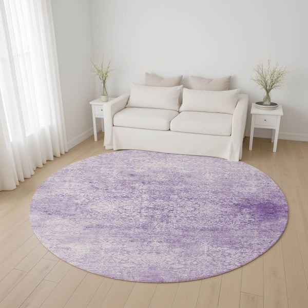 HomeRoots 8' Lilac and Ivory Oriental Round Rug - Washable, UV-Protected, Stain-Resistant for Family Rooms & Nurseries 700604
