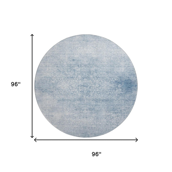 HomeRoots 8' Sky Blue and Ivory Oriental Round Rug - Washable, UV Protected, Soft, Durable, Non-Slip, Stylish 700616