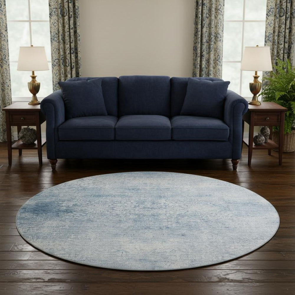 HomeRoots 8' Sky Blue and Ivory Oriental Round Rug - Washable, UV Protected, Soft, Durable, Non-Slip, Stylish 700616