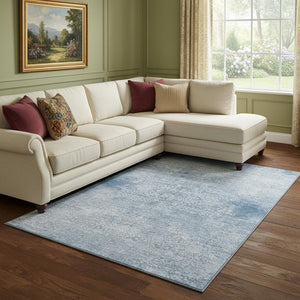HomeRoots 8' X 10' Elegant Sky Blue and Ivory Oriental Area Rug - Washable, UV-Protected, Family-Friendly Design 700617
