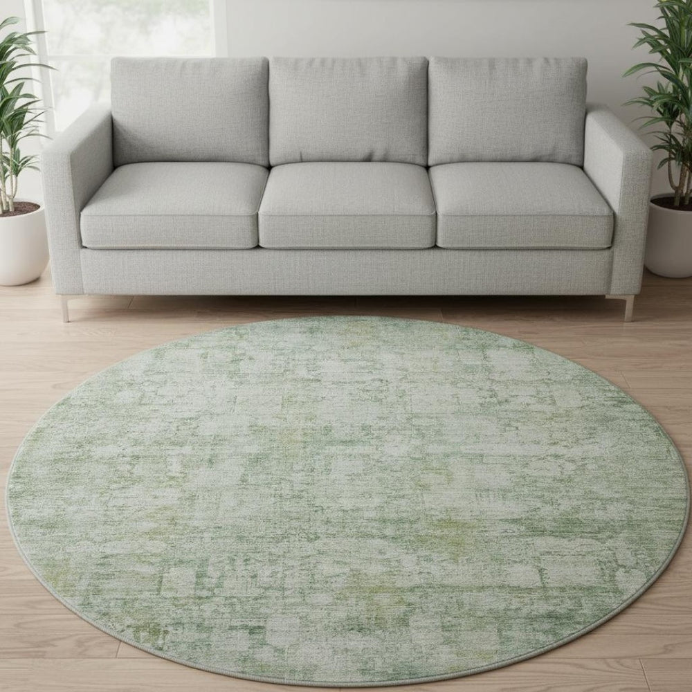 HomeRoots 8' Artichoke Green & Beige Oriental Round Rug - Stain Resistant, UV Protected, Non-Slip Design for Homes 700634