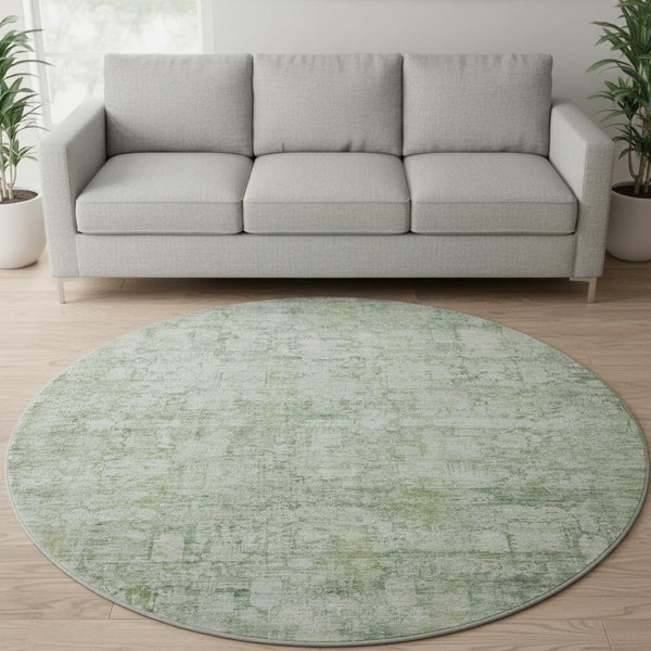 HomeRoots 8' Artichoke Green & Beige Oriental Round Rug - Stain Resistant, UV Protected, Non-Slip Design for Homes 700634