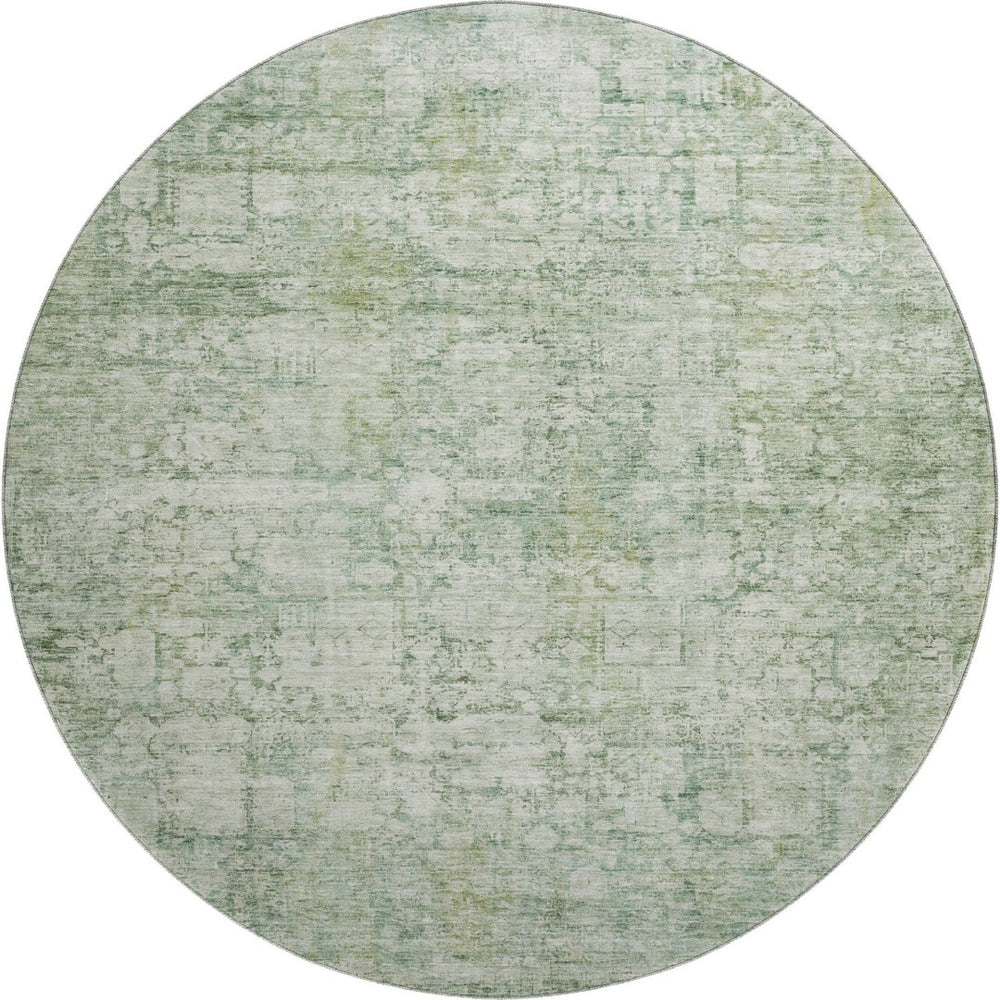 HomeRoots 8' Artichoke Green & Beige Oriental Round Rug - Stain Resistant, UV Protected, Non-Slip Design for Homes 700634