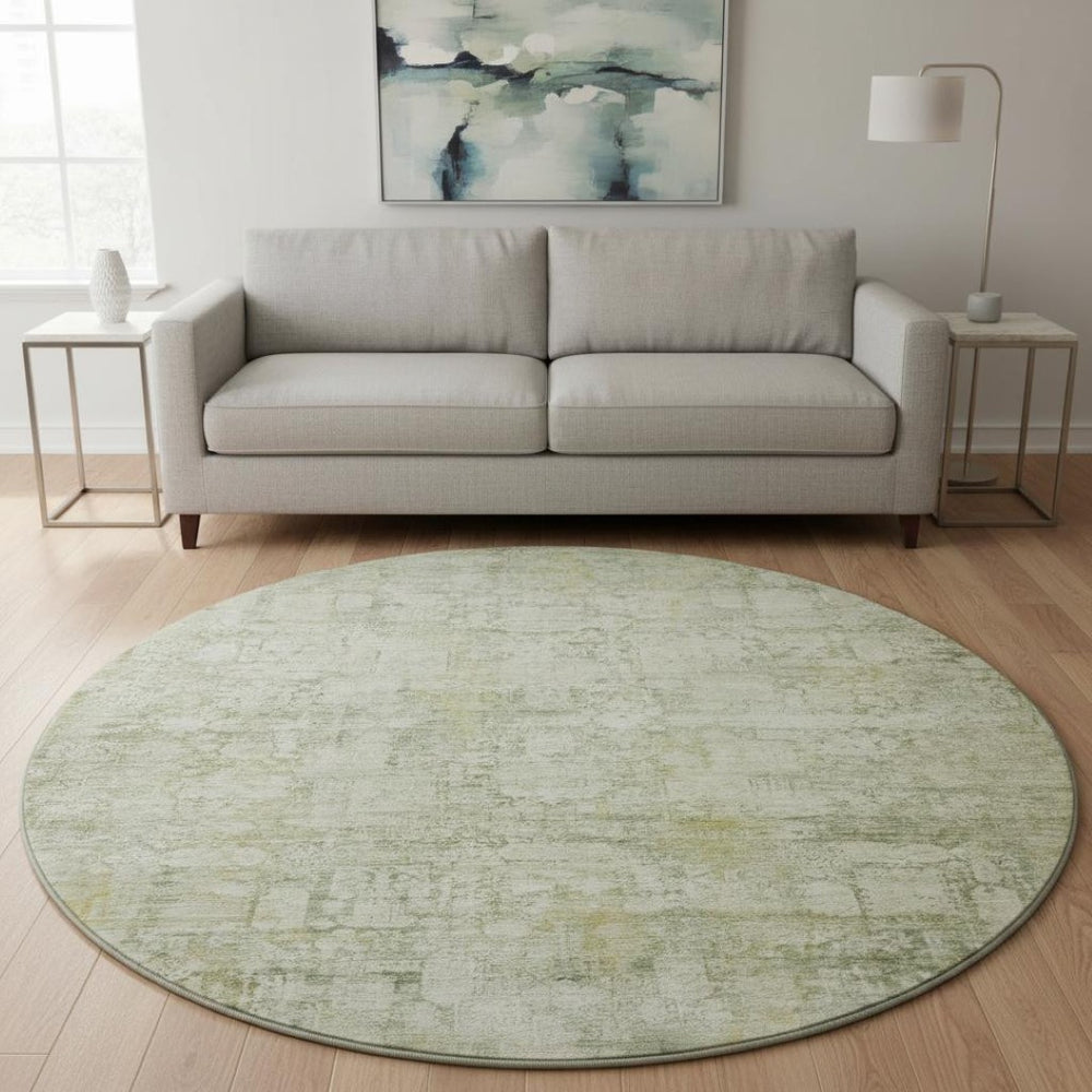 HomeRoots 8' Washable Round Oriental Rug in Beige & Green - UV Protected, Stain-Resistant, Durable Design 700640