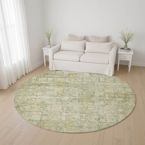 HomeRoots 8' Washable Round Oriental Rug in Beige & Green - UV Protected, Stain-Resistant, Durable Design 700640
