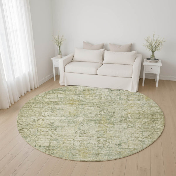 HomeRoots 8' Washable Round Oriental Rug in Beige & Green - UV Protected, Stain-Resistant, Durable Design 700640