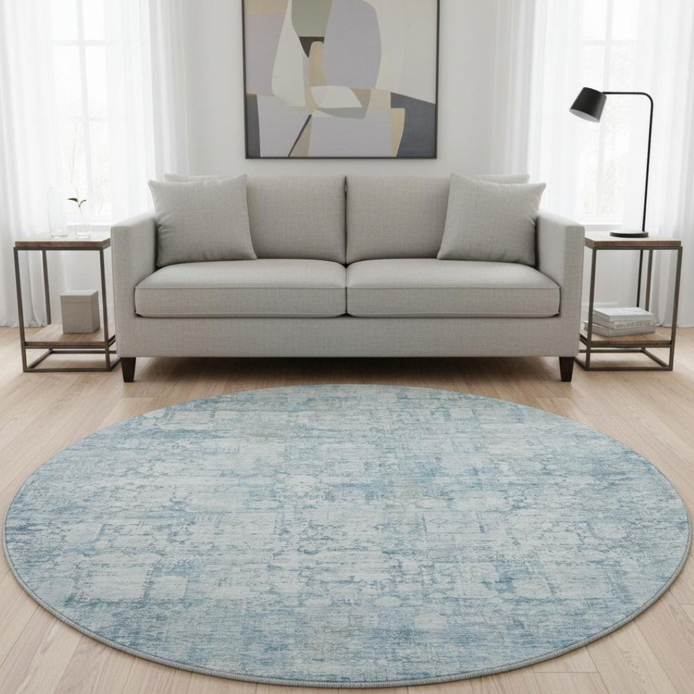 HomeRoots 8' Blue and Ivory Oriental Round Rug - Stylish, Washable, UV Protected for Active Homes & Kids 700646