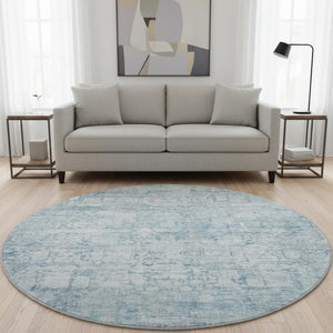 HomeRoots 8' Blue and Ivory Oriental Round Rug - Stylish, Washable, UV Protected for Active Homes & Kids 700646