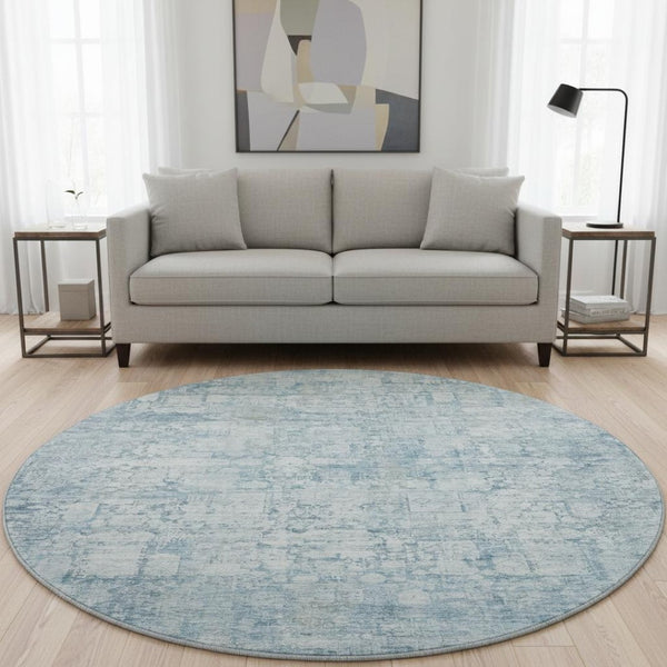 HomeRoots 8' Blue and Ivory Oriental Round Rug - Stylish, Washable, UV Protected for Active Homes & Kids 700646