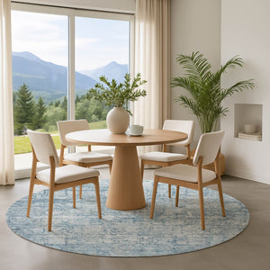 HomeRoots 8' Blue and Ivory Oriental Round Rug - Stylish, Washable, UV Protected for Active Homes & Kids 700646