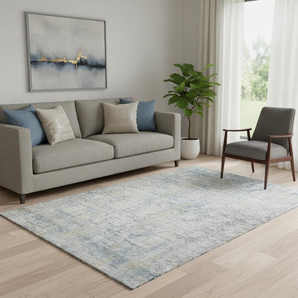 HomeRoots 5' X 8' Elegant Linen & Blue Oriental Washable Area Rug with UV Protection for Busy Homes 700657