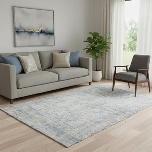 HomeRoots 5' X 8' Elegant Linen & Blue Oriental Washable Area Rug with UV Protection for Busy Homes 700657