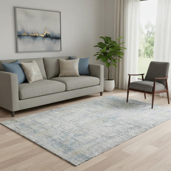 HomeRoots 5' X 8' Elegant Linen & Blue Oriental Washable Area Rug with UV Protection for Busy Homes 700657