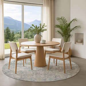HomeRoots 8' Linen and Blue Oriental Round Rug - Washable, UV Protected, Stain Resistant, Non-Slip Backing 700658