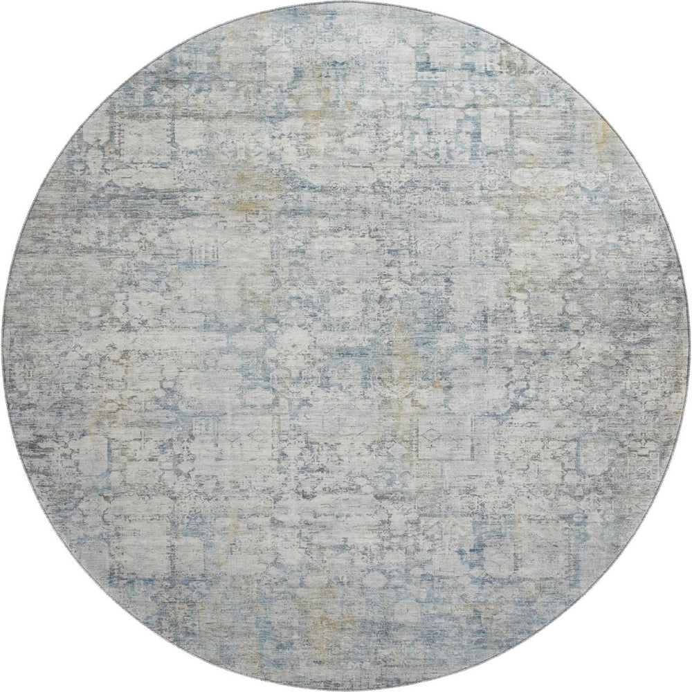 HomeRoots 8' Linen and Blue Oriental Round Rug - Washable, UV Protected, Stain Resistant, Non-Slip Backing 700658