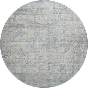 HomeRoots 8' Linen and Blue Oriental Round Rug - Washable, UV Protected, Stain Resistant, Non-Slip Backing 700658