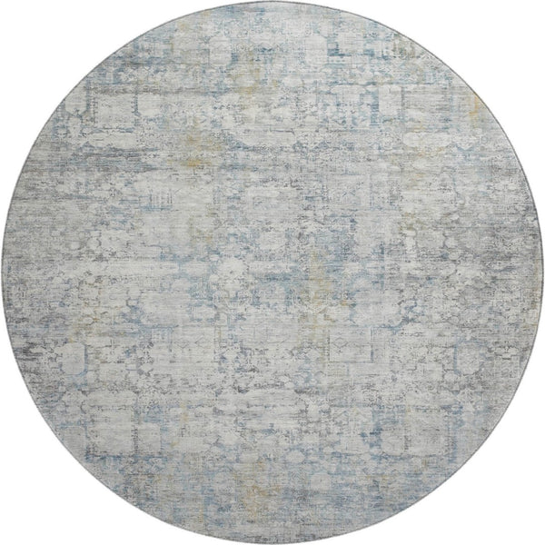 HomeRoots 8' Linen and Blue Oriental Round Rug - Washable, UV Protected, Stain Resistant, Non-Slip Backing 700658