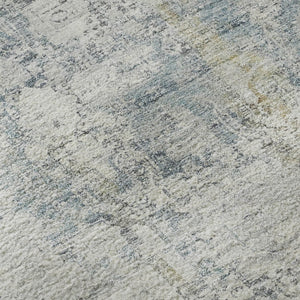 HomeRoots 8' Linen and Blue Oriental Round Rug - Washable, UV Protected, Stain Resistant, Non-Slip Backing 700658