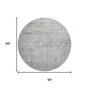 HomeRoots 8' Linen and Blue Oriental Round Rug - Washable, UV Protected, Stain Resistant, Non-Slip Backing 700658