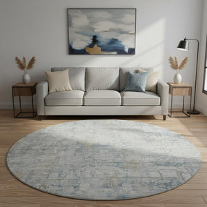 HomeRoots 8' Linen and Blue Oriental Round Rug - Washable, UV Protected, Stain Resistant, Non-Slip Backing 700658