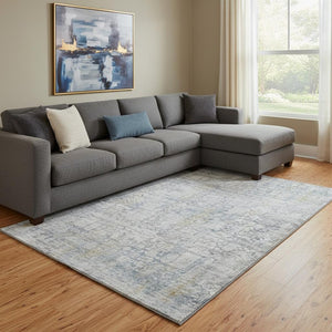 HomeRoots 8' X 10' Linen and Blue Oriental Washable Area Rug - UV Protected, Stain Resistant, Stylish & Practical 700659