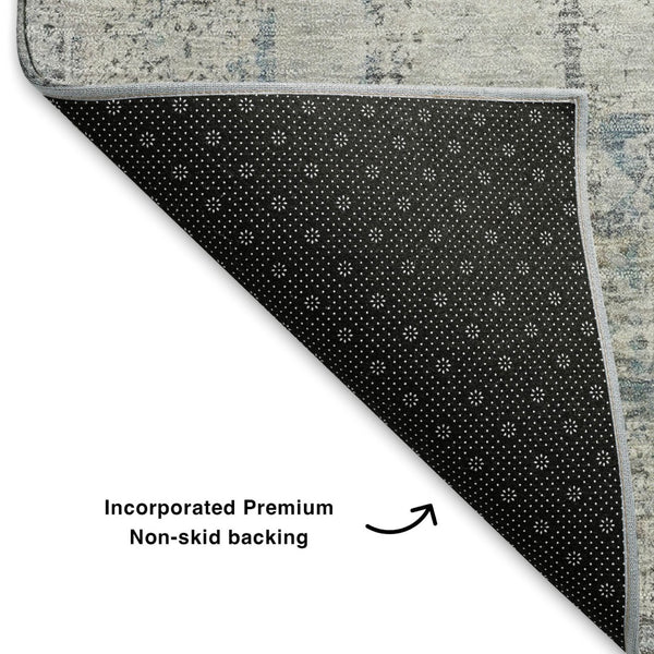 HomeRoots 8' X 10' Linen and Blue Oriental Washable Area Rug - UV Protected, Stain Resistant, Stylish & Practical 700659