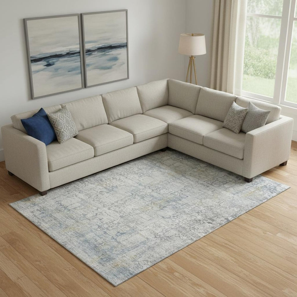 HomeRoots 9' X 12' Linen and Blue Oriental Area Rug - Washable, Stain-Resistant, Durable with UV Protection 700660