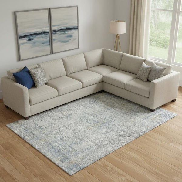 HomeRoots 9' X 12' Linen and Blue Oriental Area Rug - Washable, Stain-Resistant, Durable with UV Protection 700660
