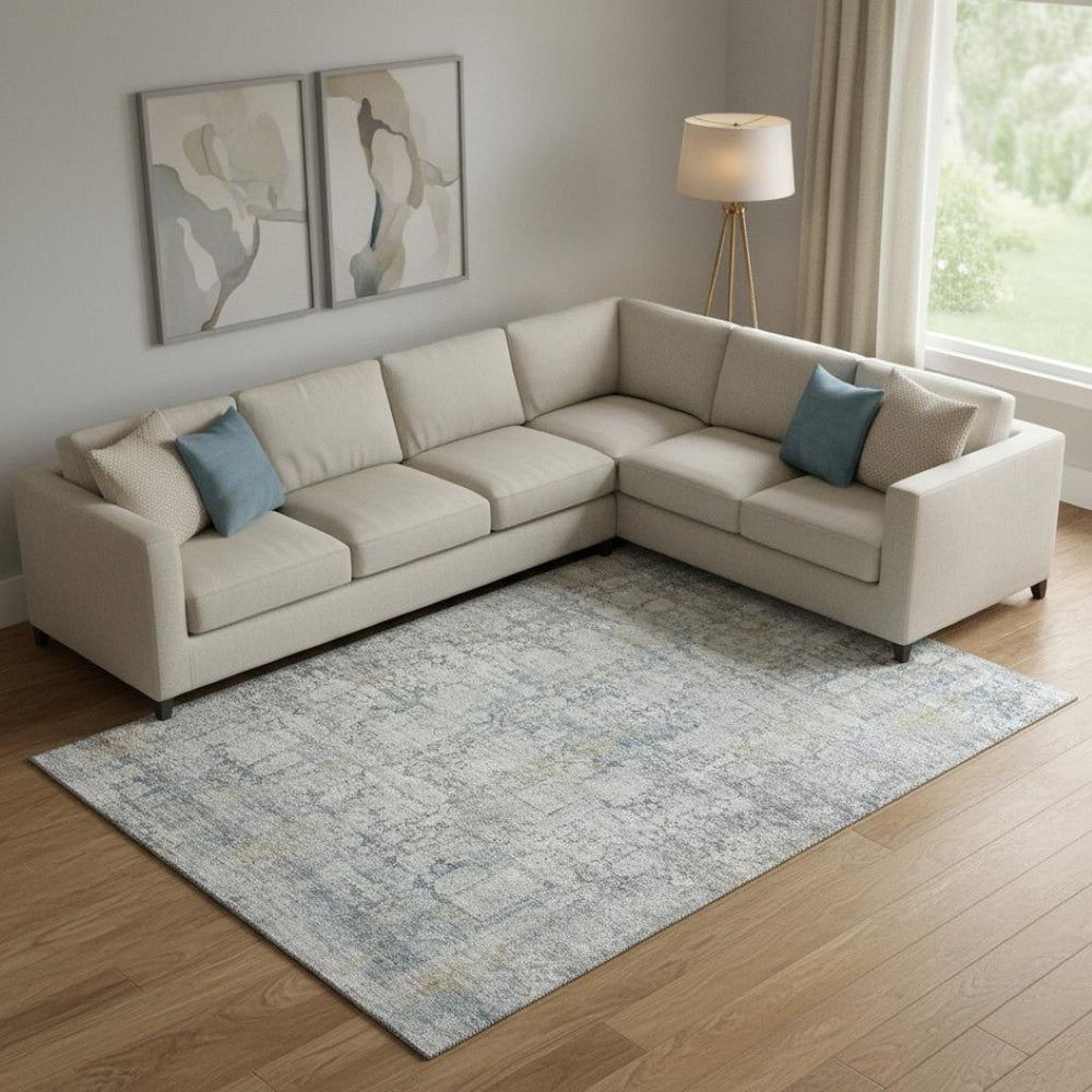 HomeRoots 10' X 14' Elegant Linen & Blue Oriental Washable Area Rug with UV Protection for Busy Homes 700661