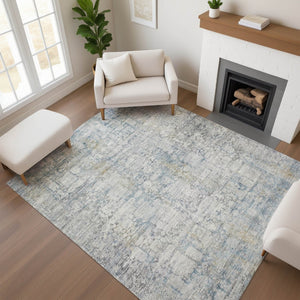 HomeRoots 10' X 14' Elegant Linen & Blue Oriental Washable Area Rug with UV Protection for Busy Homes 700661