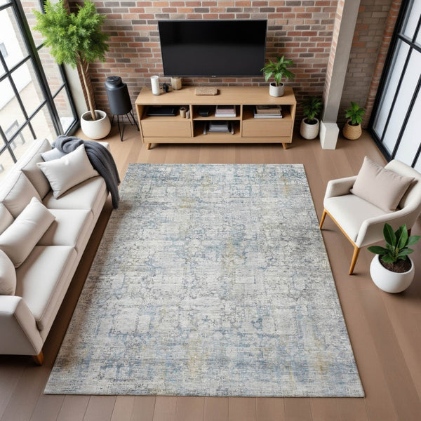 HomeRoots 10' X 14' Elegant Linen & Blue Oriental Washable Area Rug with UV Protection for Busy Homes 700661