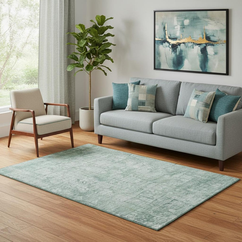 HomeRoots 5' X 8' Teal And Ivory Oriental Area Rug: Washable, UV Protected, Non-Slip for Family-Friendly Spaces 700663